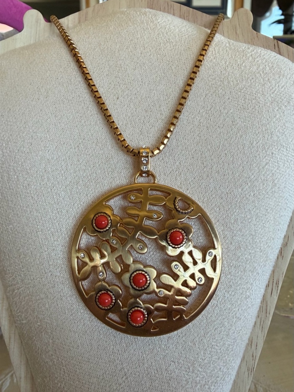 Brighton Francesca Gold-Tone Floral Cutout Pendant Necklace with Red Cabochons